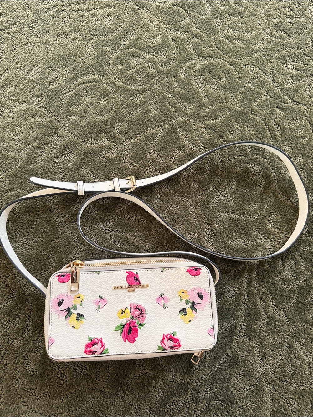 Karl Lagerfeld White Floral Crossbody with Pink & Yellow Roses